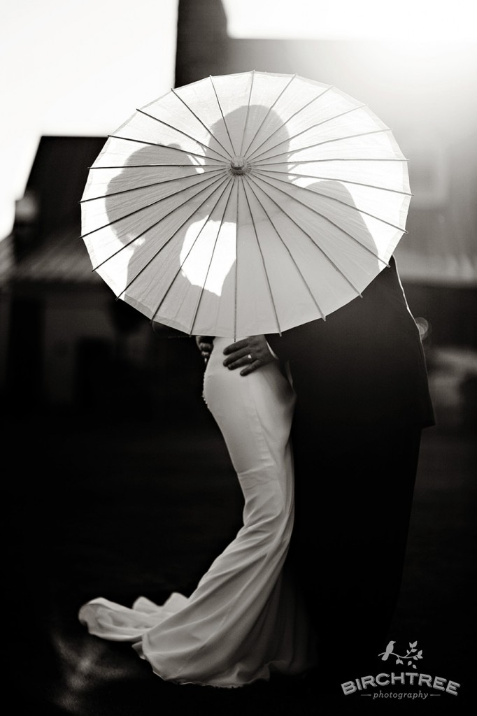 bride and groom with parasol