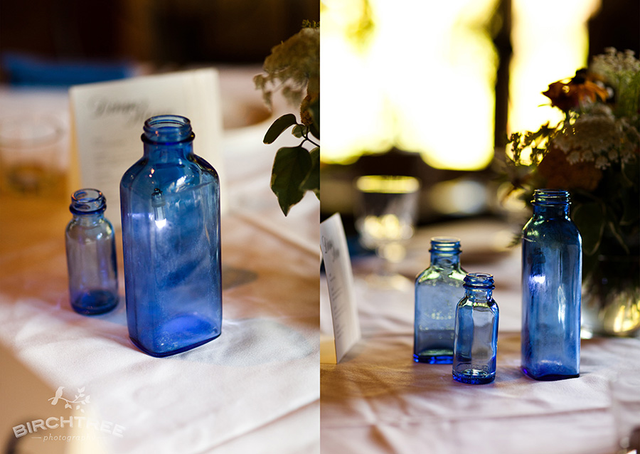 antique glass bottles for wedding at the green gables restaurant